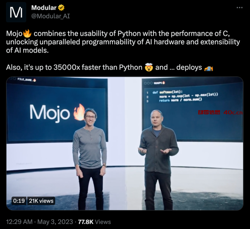 编译器大佬全新编程语言Mojo：兼容Python核心功能，提速35000倍-肆零信息